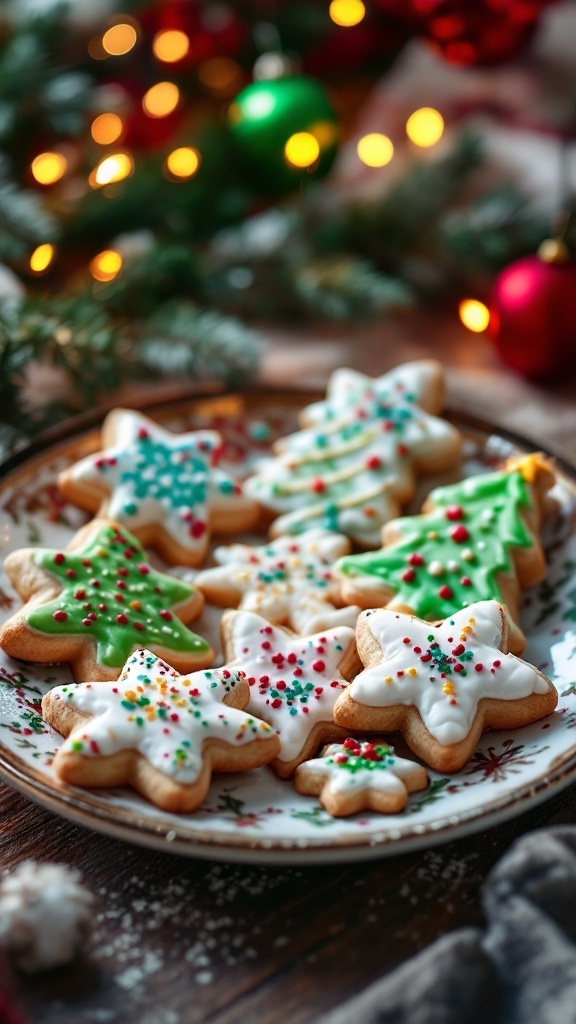 Cheerful Christmas Sugar Cookies with Easy Icing Decorated Christmas sugar cookies in festive shapes on a decorative plate, set against a holiday-themed background.